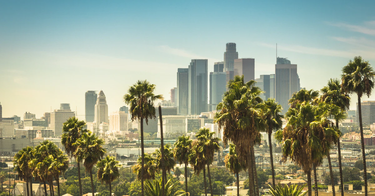 Los Angeles skyline with palm trees in the foreground
