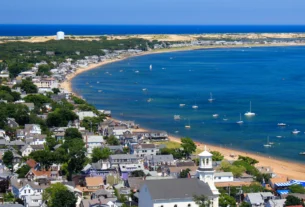 Aerial view of Cape Cod coastal town and beach