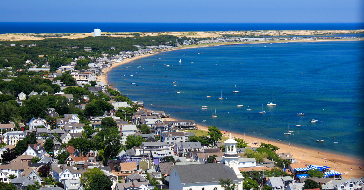 Aerial view of Cape Cod coastal town and beach