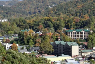 Aerial view of Gatlinburg Tennessee near Smoky Mountains