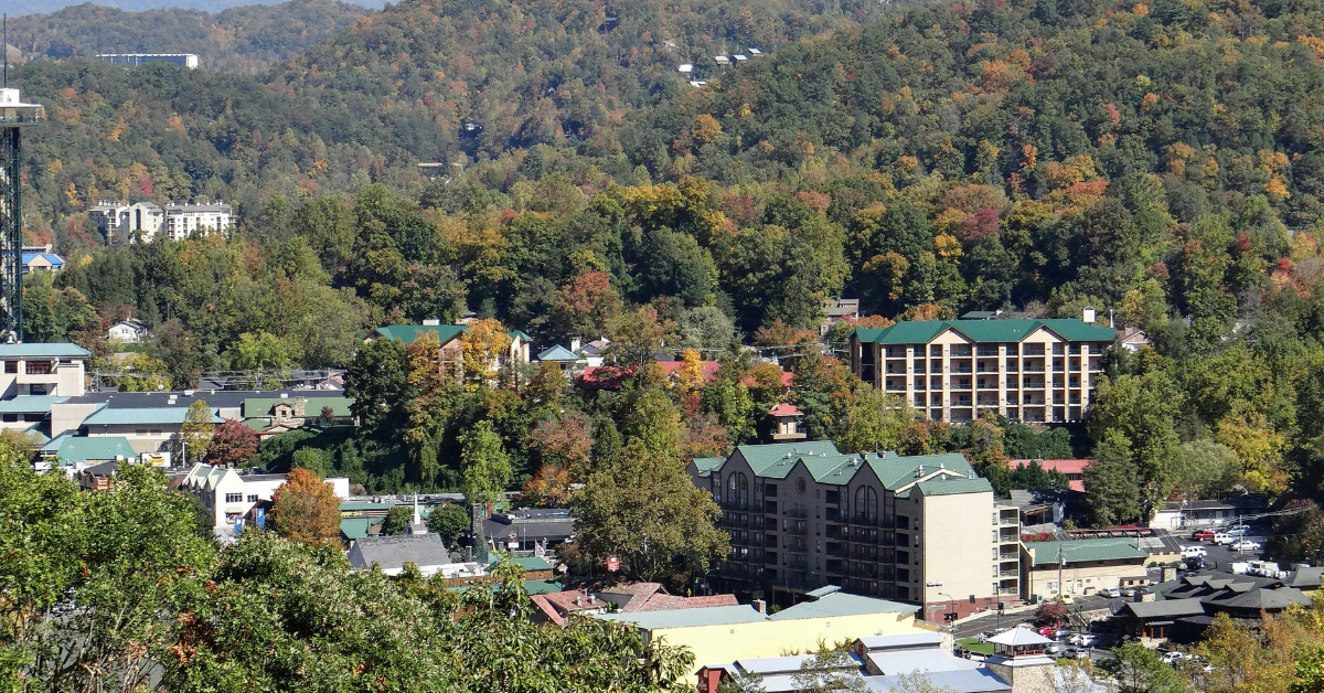Aerial view of Gatlinburg Tennessee near Smoky Mountains