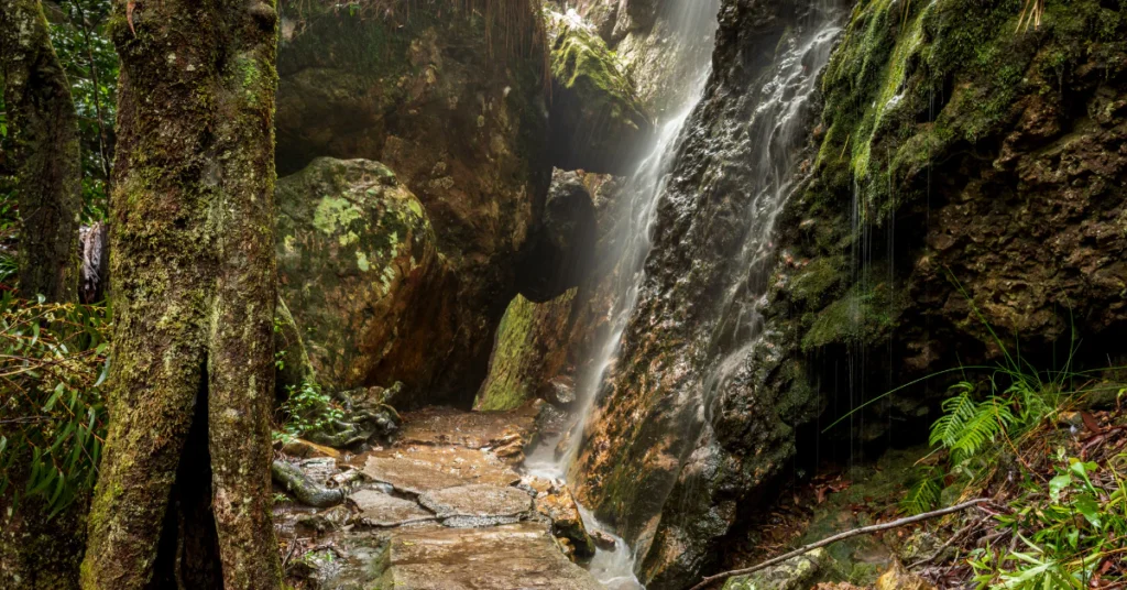 Hiker walking behind Grotto Falls Smoky Mountains