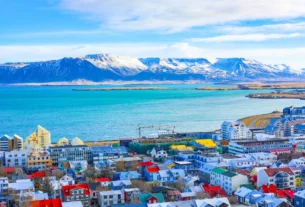 Aerial view of Reykjavik with colorful rooftops and the sea in Iceland