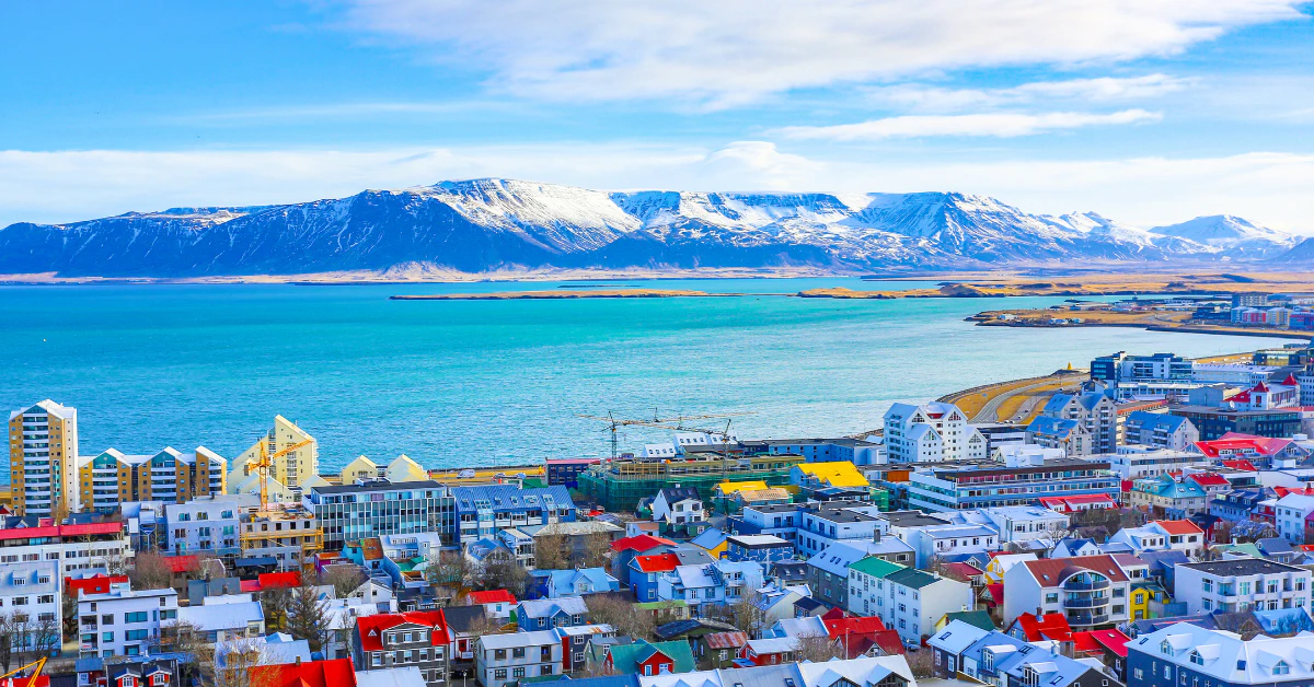 Aerial view of Reykjavik with colorful rooftops and the sea in Iceland