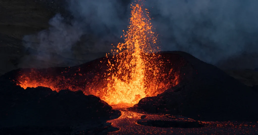 Volcanic eruption with lava fountain in Iceland