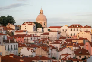 Panoramic sunset view of Lisbon Portugal skyline
