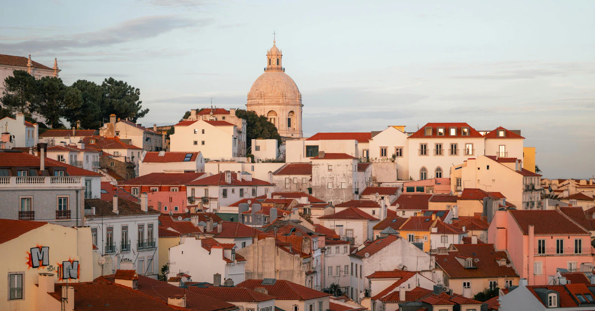 Panoramic sunset view of Lisbon Portugal skyline