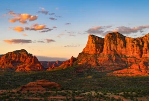 Red rock formations glowing at sunset in Sedona, Arizona