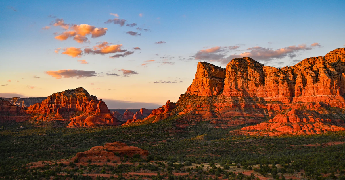 Red rock formations glowing at sunset in Sedona, Arizona