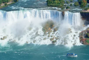 Niagara Falls cascading into the turquoise river below on a clear day