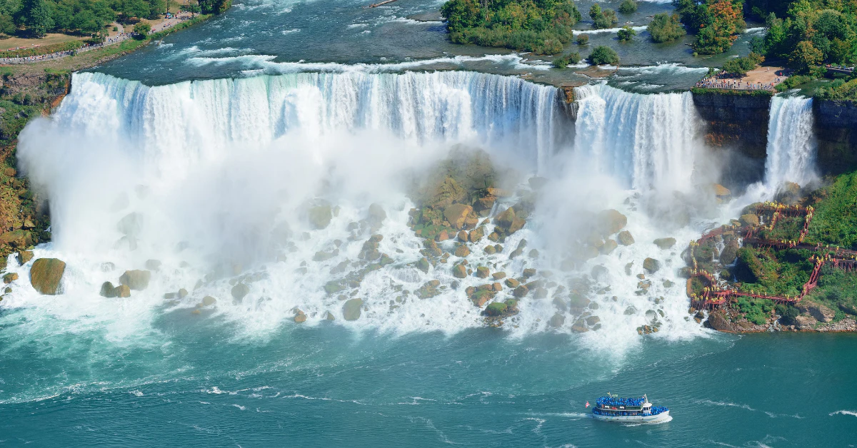 Niagara Falls cascading into the turquoise river below on a clear day