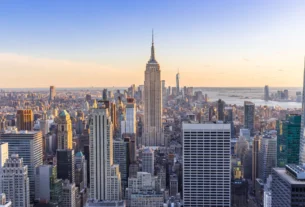 New York City skyline at sunset with the Empire State Building in view