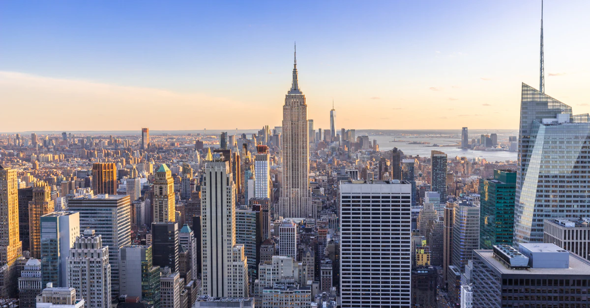 New York City skyline at sunset with the Empire State Building in view