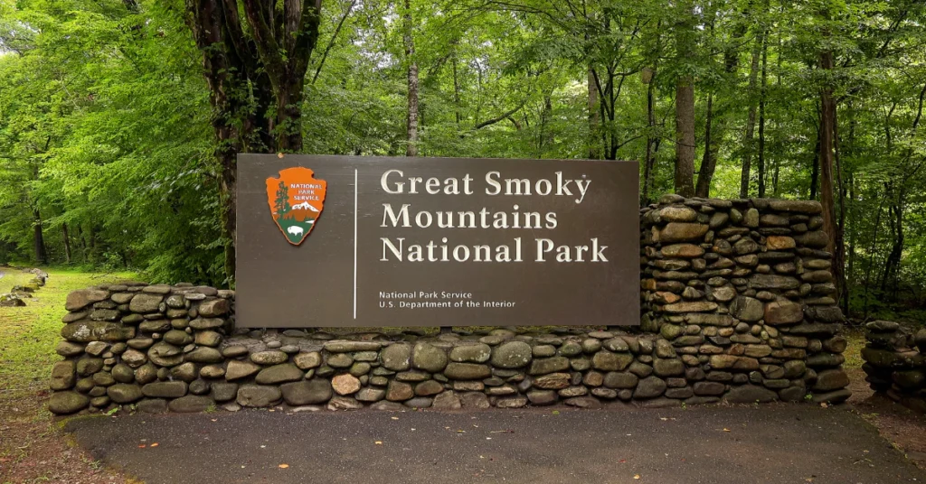 National park entrance sign surrounded by trees