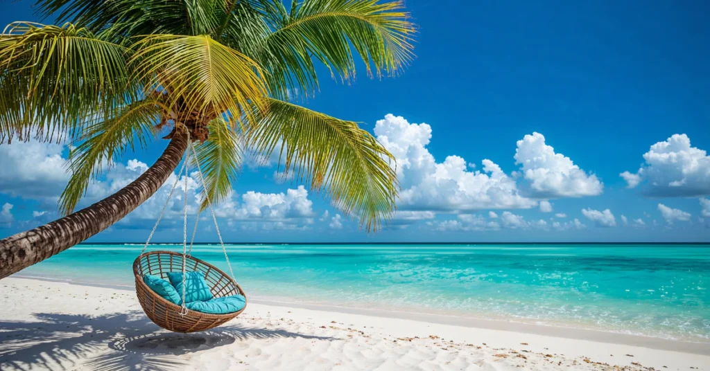 Empty tropical beach with a leaning palm tree and turquoise water