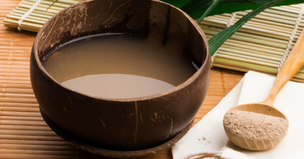 Traditional wooden bowl of kava drink used in a Fijian village ceremony