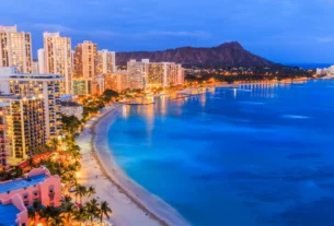 Aerial view of Waikiki Beach with Honolulu high-rise hotels and Diamond Head along the turquoise coastline