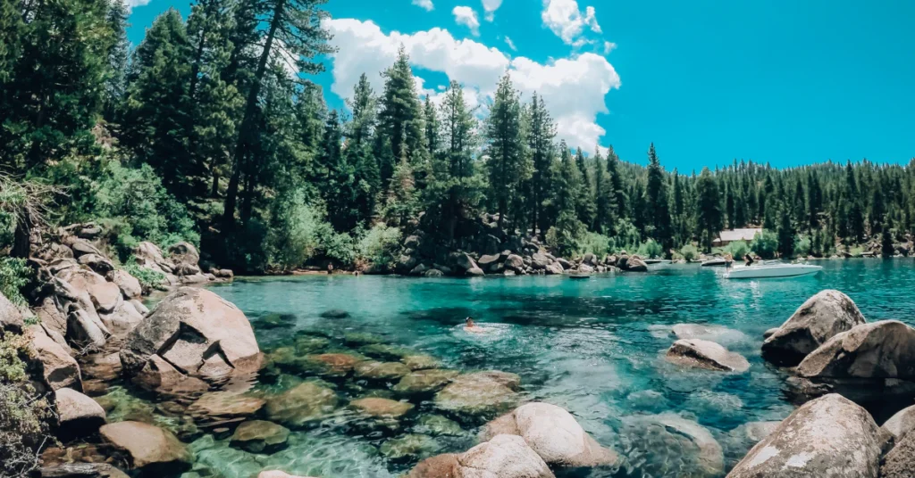 Turquoise water and granite boulders along a quiet Lake Tahoe cove