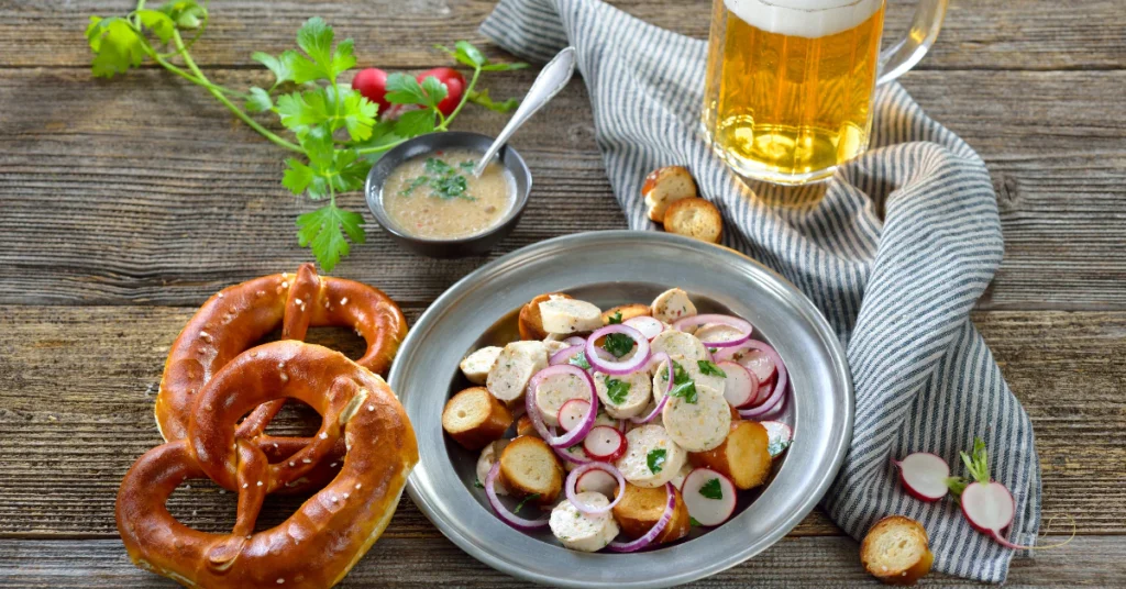 Table with pretzels, Bavarian snacks and a glass of beer at a beer garden