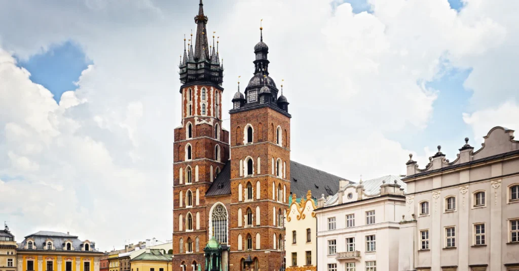 Church towers and historic buildings in a European old town square