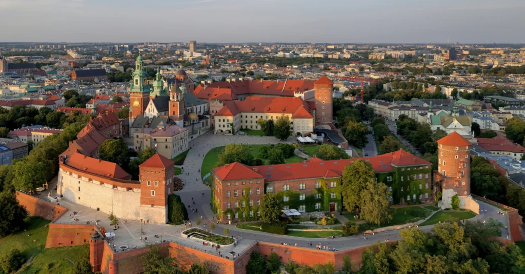 Aerial view of Wawel Castle and Kraków rooftops