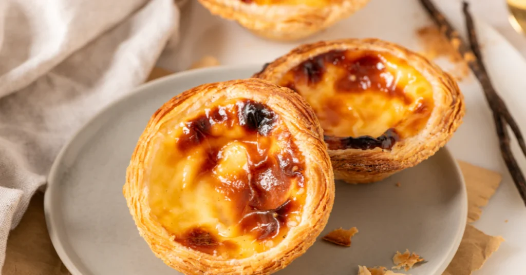 Pastéis de nata custard tarts served on a plate