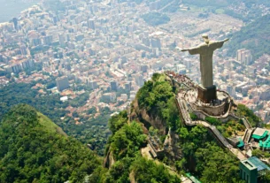 Aerial view of Christ the Redeemer statue overlooking Rio de Janeiro