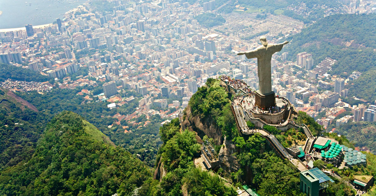 Aerial view of Christ the Redeemer statue overlooking Rio de Janeiro