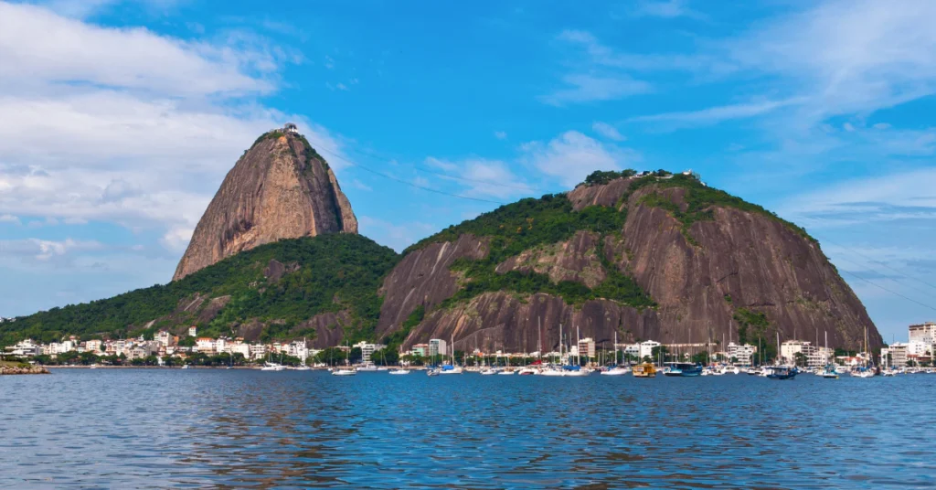 Sugarloaf Mountain rising above Guanabara Bay in Rio de Janeiro