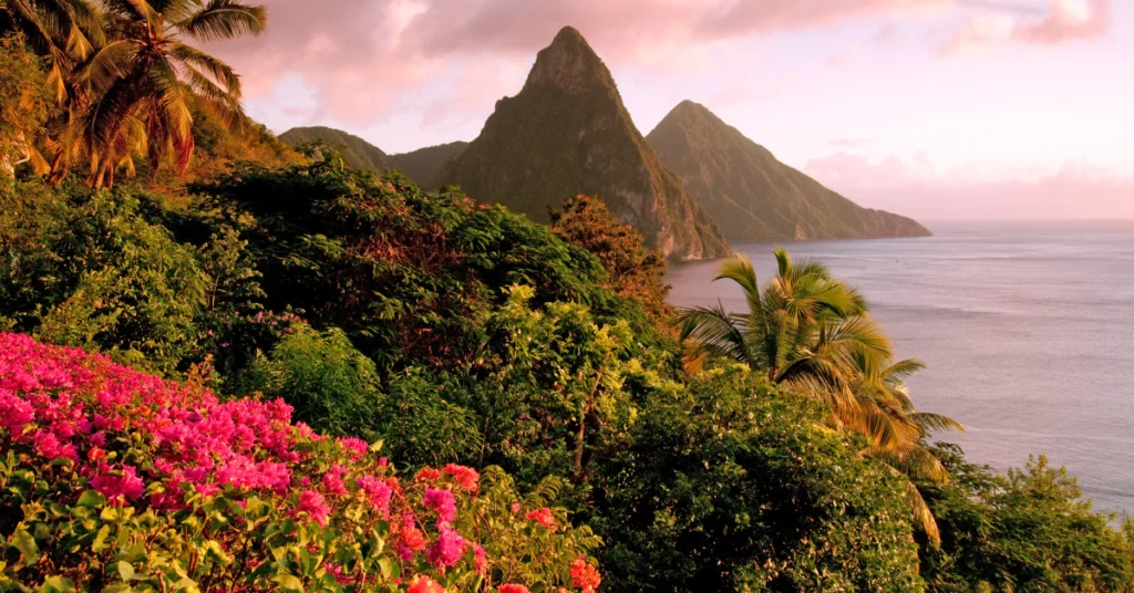 The Pitons rising above the coastline at sunset in St. Lucia