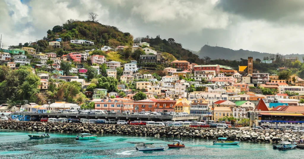 Colorful hillside town and harbor in St. Lucia