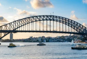 Sydney Harbour Bridge arching over the harbour with the city skyline in the background