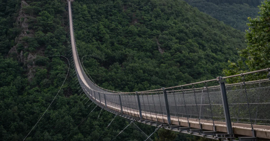 Suspension bridge stretching across a forested valley